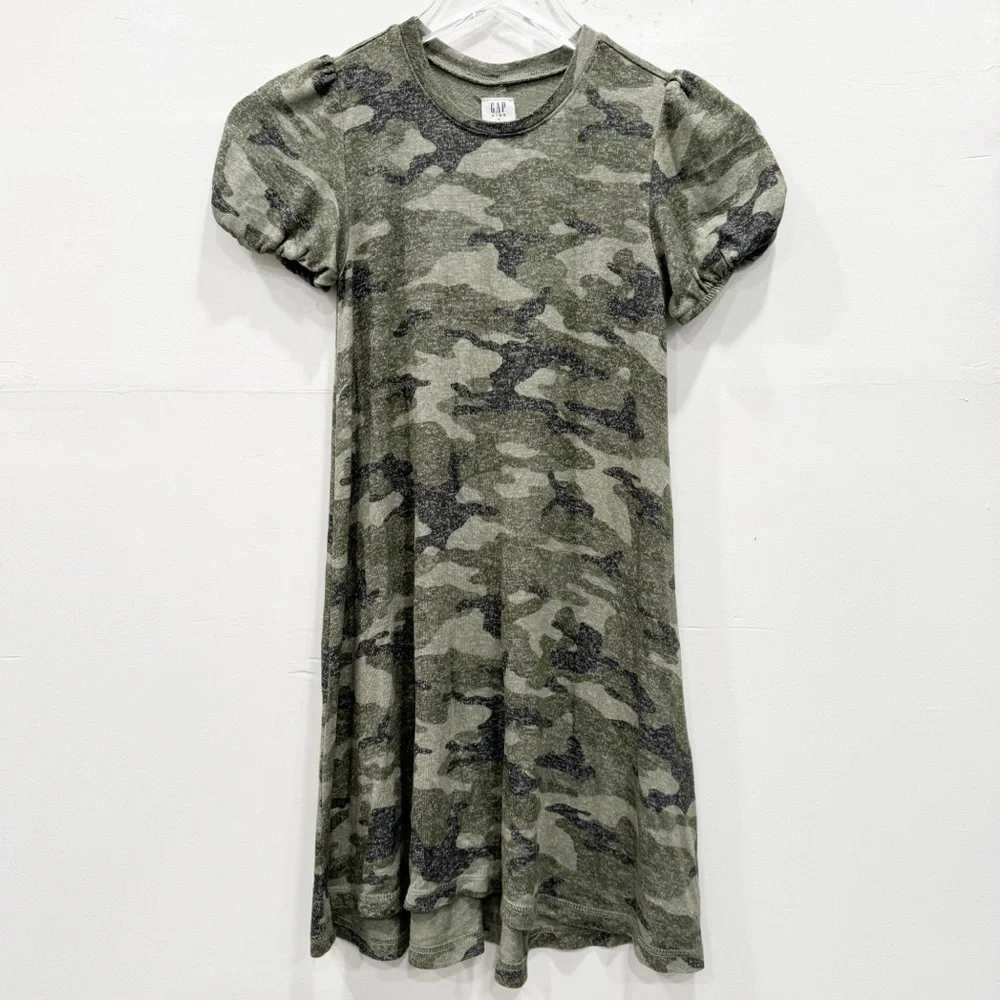 Gap Short Puff Sleeve Camo Green Dress Medium 8 Girls